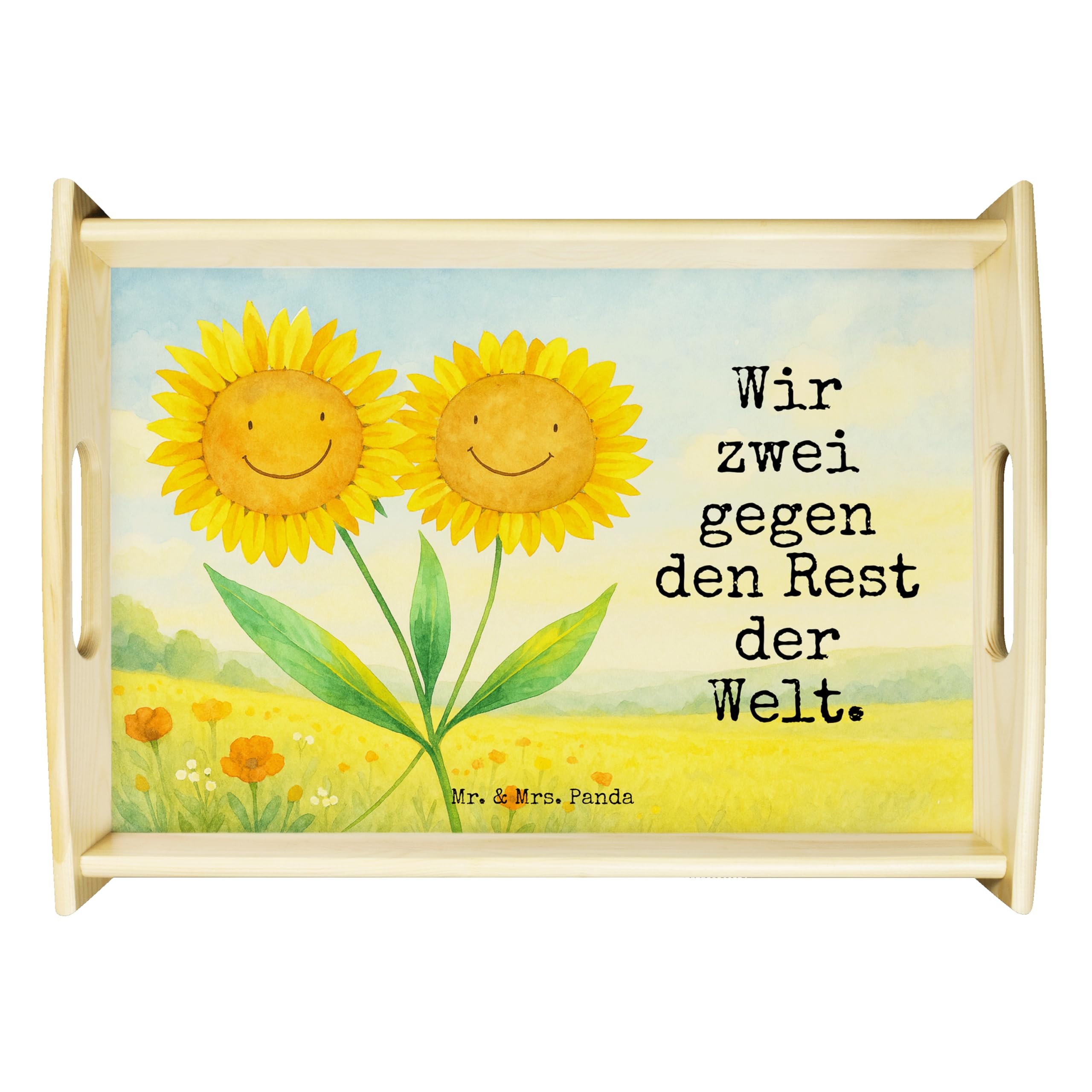 Mr. & Mrs. Panda Tablett Blume Sonnenblume Design - Geschenk, Zusammen, zum servieren, Serviertablett, aus Holz, Lieblingsmensch, Sonnenblumen, Garten, Beste Freundin, Bett-Tablett