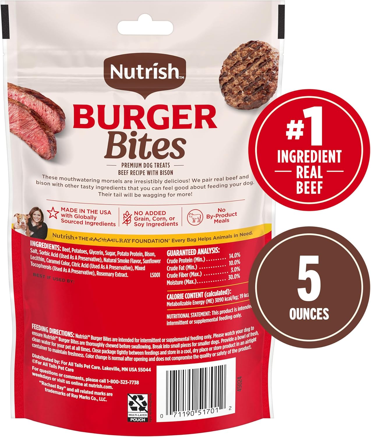 Nutrish Burger Bites Beef Recipe with Bison Premium Dog Treats, 5 oz. Pouch, Pack of 5 (Rachael Ray)