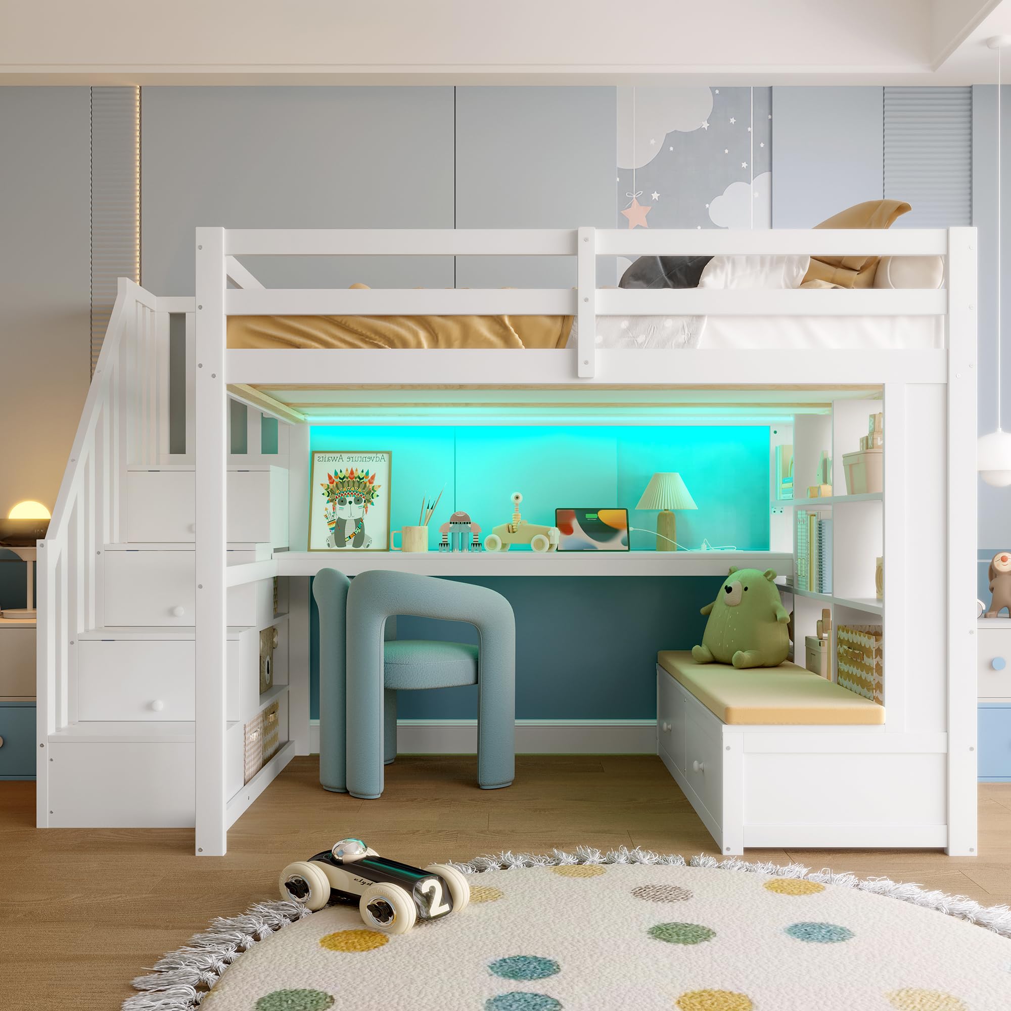 Lettino per bambini 140 x 200 cm, letto a soppalco con scrivania e scaffali, due cassetti integrati, scala di archiviazione, letto per ragazzi e ragazze, bianco
