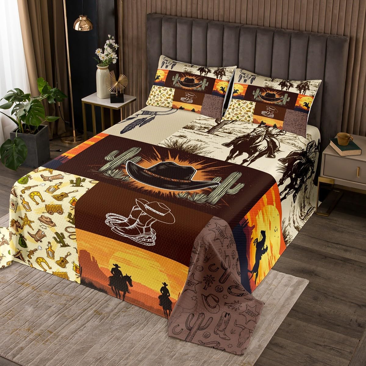 Erosebridal Horse Decor Western Quilt Set King,Exotic Bull Skull Bedspread Set Cowboys Gifts for Men,Cowboy Boots Hats Coverlet Set,Rustic Farm Animals Patchwork Bed Set Farmhouse Decor