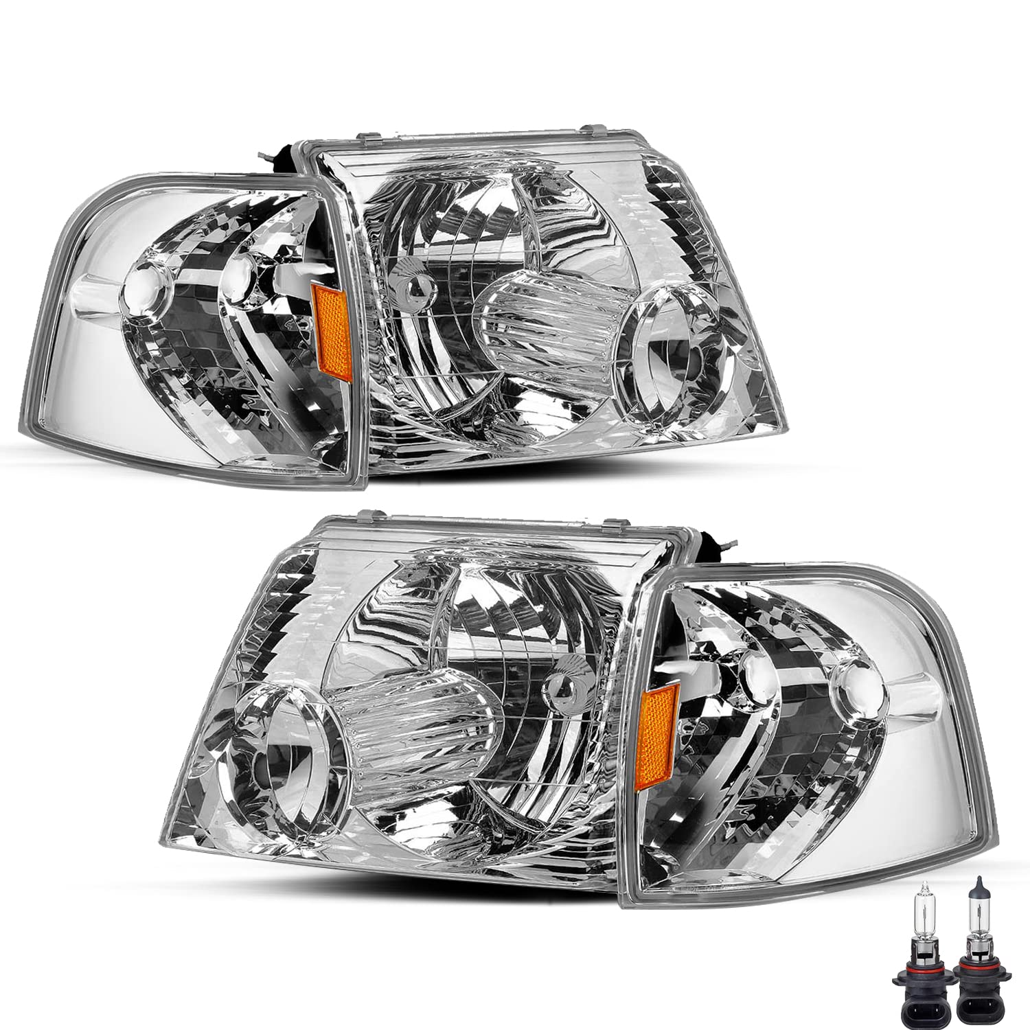 JSBOYAT Headlight Assembly Replacement Bulbs Included for 2002-2005 Ford Explorer with Corner Lights 4pcs Passenger & Driver Side (Chrome Housing with