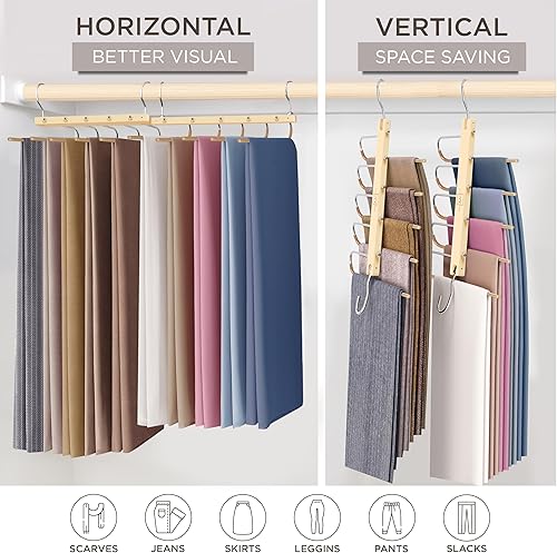 Vista 24 de MORALVE Perchas para pantalones que ahorran espacio – Perchas europeas de madera de haya y jeans – Organizador de armario y estante para pantalones