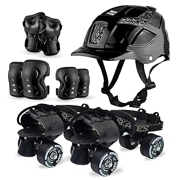 jaspo Unisex Tenacity Pro Adjustable Senior Outdoor Wheel Roller Skates Combo Suitable for Age Group 6 to 14 Years (Skates+ Helmet + Knee Guard+ Elbow Guard +Wrist Guard+Key) (Black)