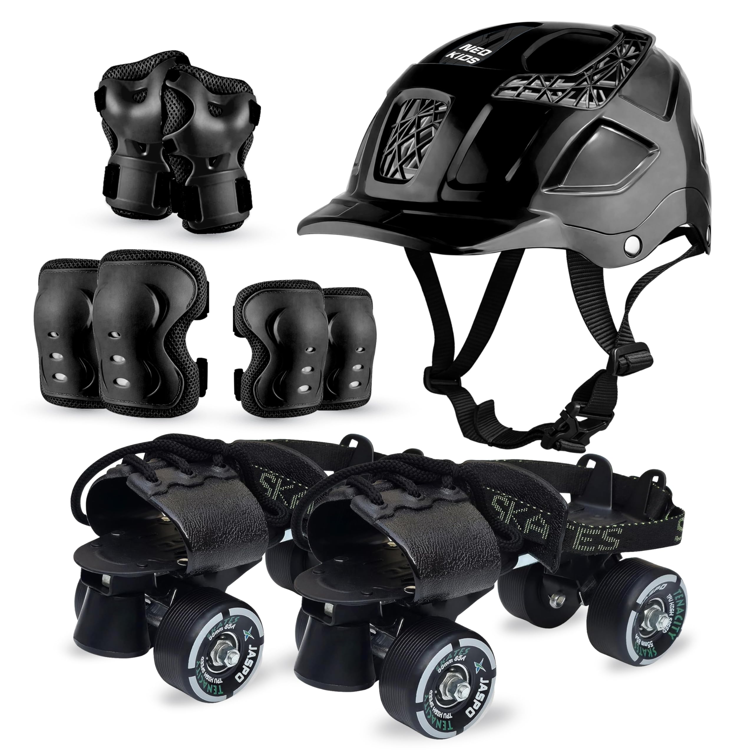 jaspo Unisex Tenacity Pro Adjustable Senior Outdoor Wheel Roller Skates Combo Suitable for Age Group 6 to 14 Years (Skates+ Helmet + Knee Guard+ Elbow...