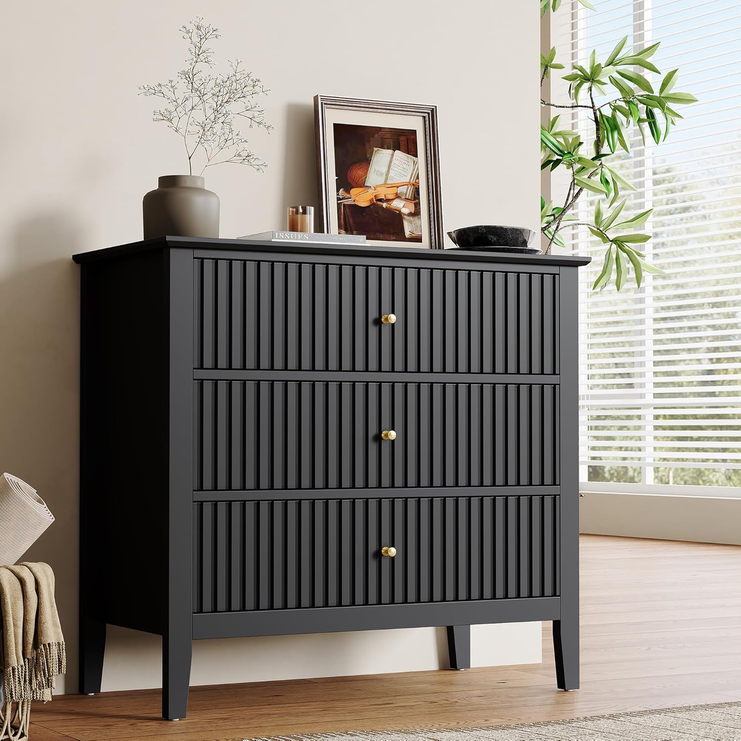 RoyalCraft 32" Large Nightstand, Fluted Painted Bedside Table with 3 Spacious Drawers, Modern Tall End Table for Bedroom, Black