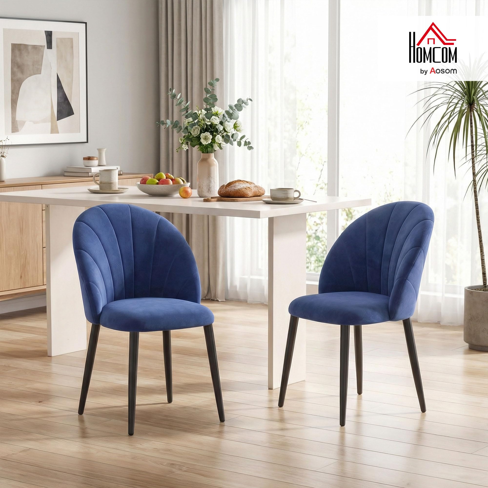 HOMCOM Lot de 2 Chaises de Salle à Manger Rembourrées sans Accoudoirs Bleu | Chaises de Cuisine, Sans Accoudoirs, Assise Large, Pieds en Acier, Tissu en Velours, pour Salon, Maison