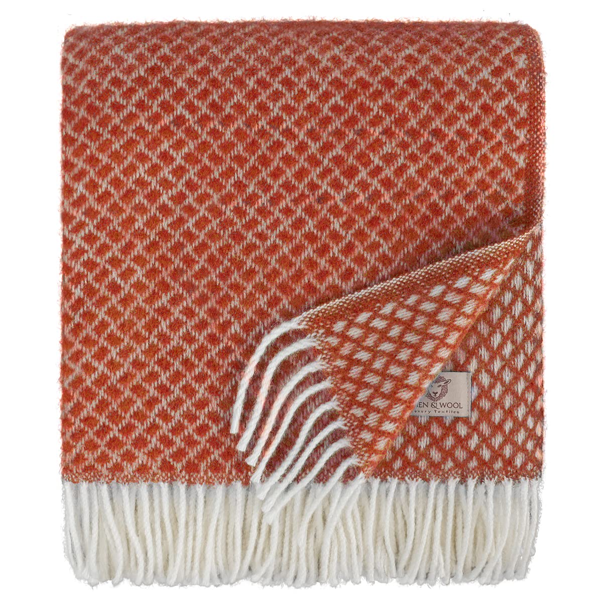 Linen & Cotton Soft and Warm Sofia Sheepskin Blanket with Fringe - 100% Pure New Zealand Wool, Terracotta Orange Red (130 x 170 cm) Plaid Throw Blanket for Sofa Bed Bedroom Living Room