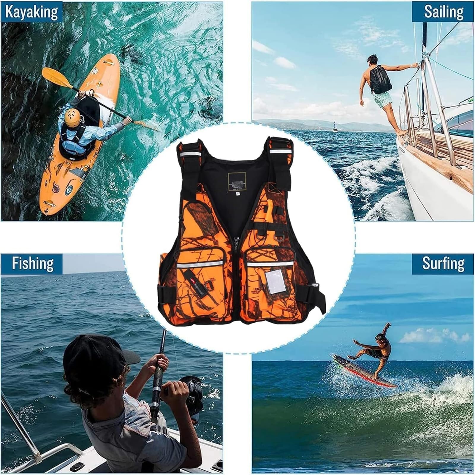 Gilet da Pesca in Maglia Traspirante Attrezzature di Sicurezza per Adulti | Kayka Giacca Oxford Mesh Gilet da pesca con schiuma EPE per kayak, cinghie regolabili e strisce riflettenti