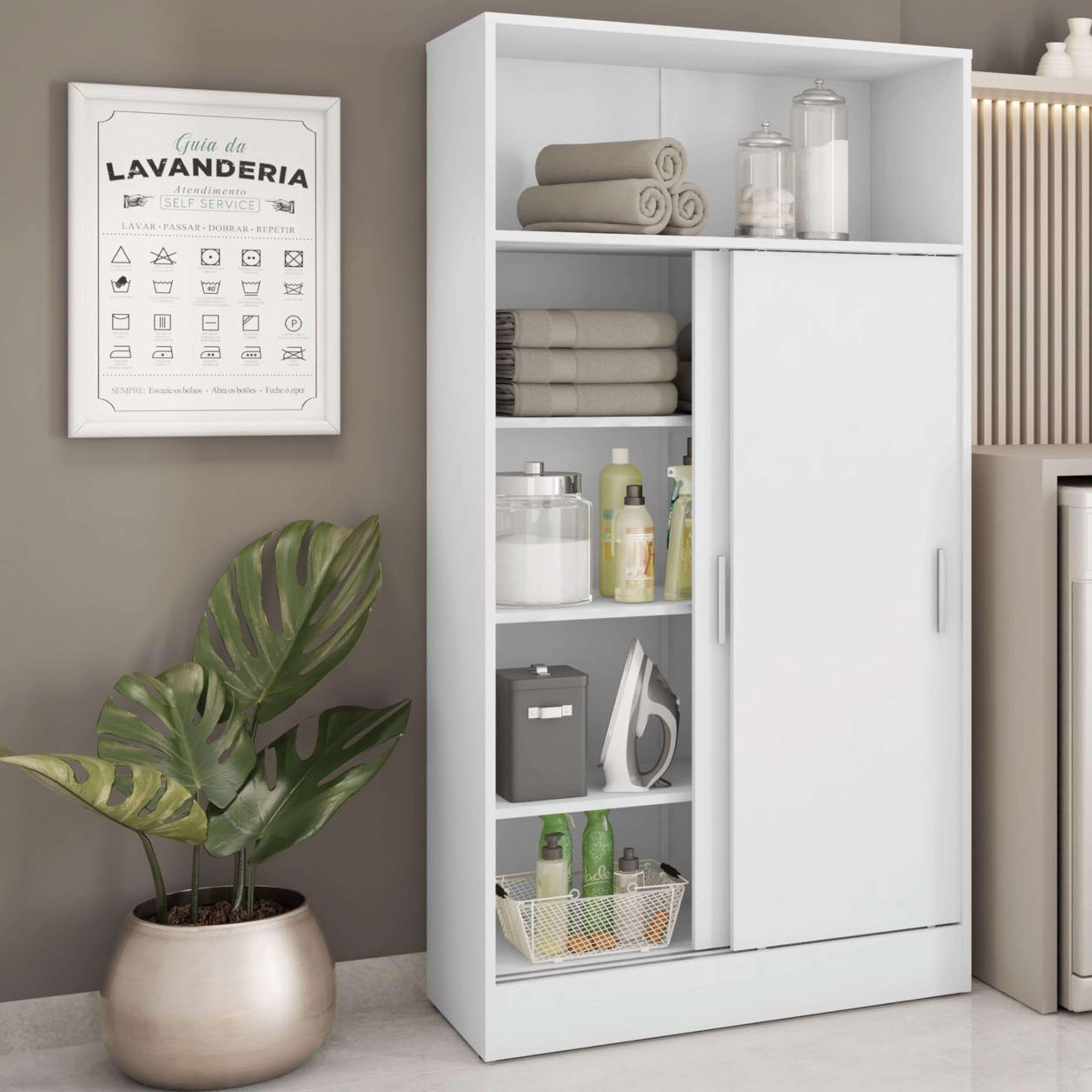 Miroytengo Armario Auxiliar para Baño Multiusos con 2 Puertas Correderas en Melamina Color Blanco 81x157 cm