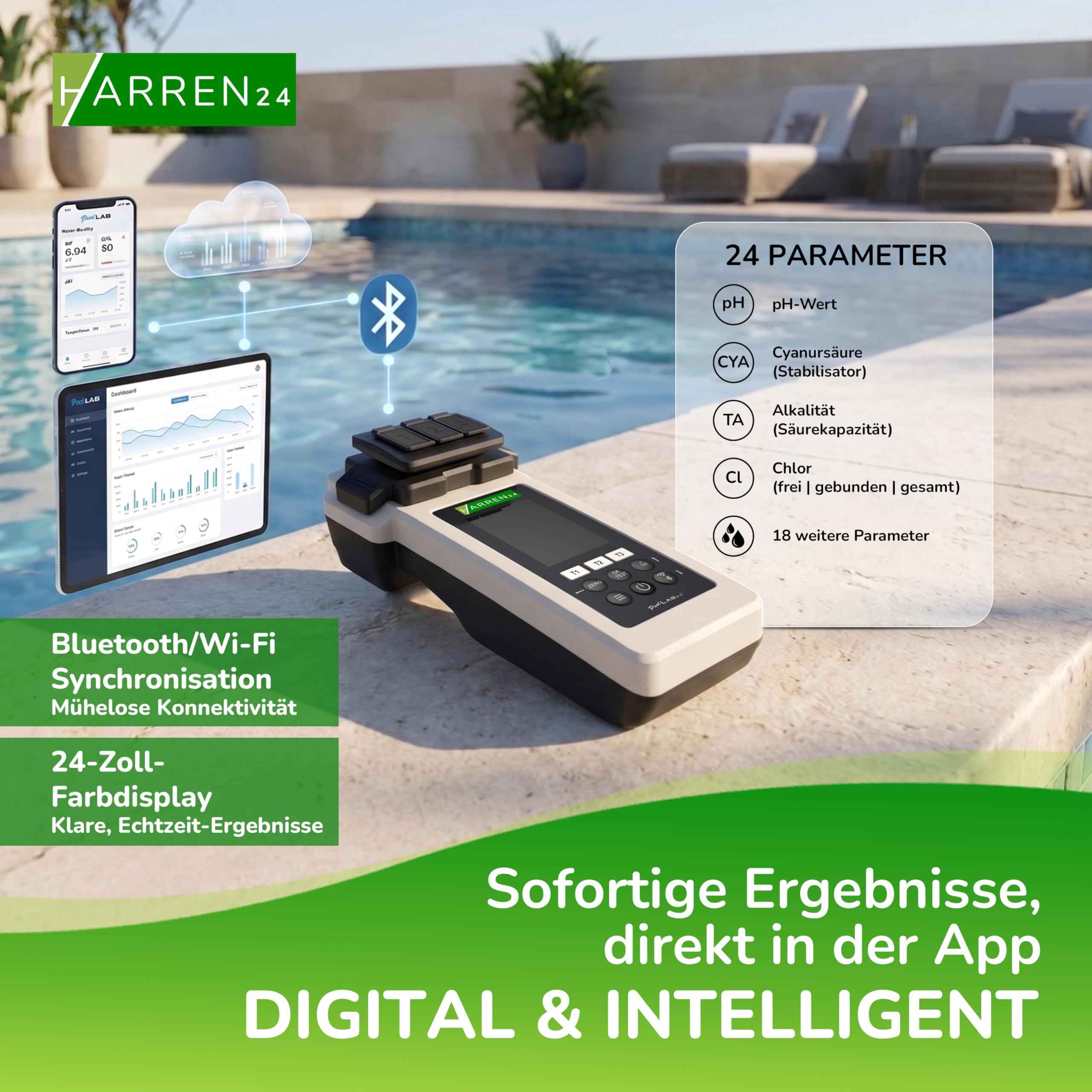 Poollab 2.0 Special Edition, elektronischer Pooltester (Photometer), Pool Wassertester, 170 Pool Testtabletten für Chlor pH-Wert Phenol Red Pool Zubehör (mit DPD1, DPD3, pH, CYA, AlkalM)