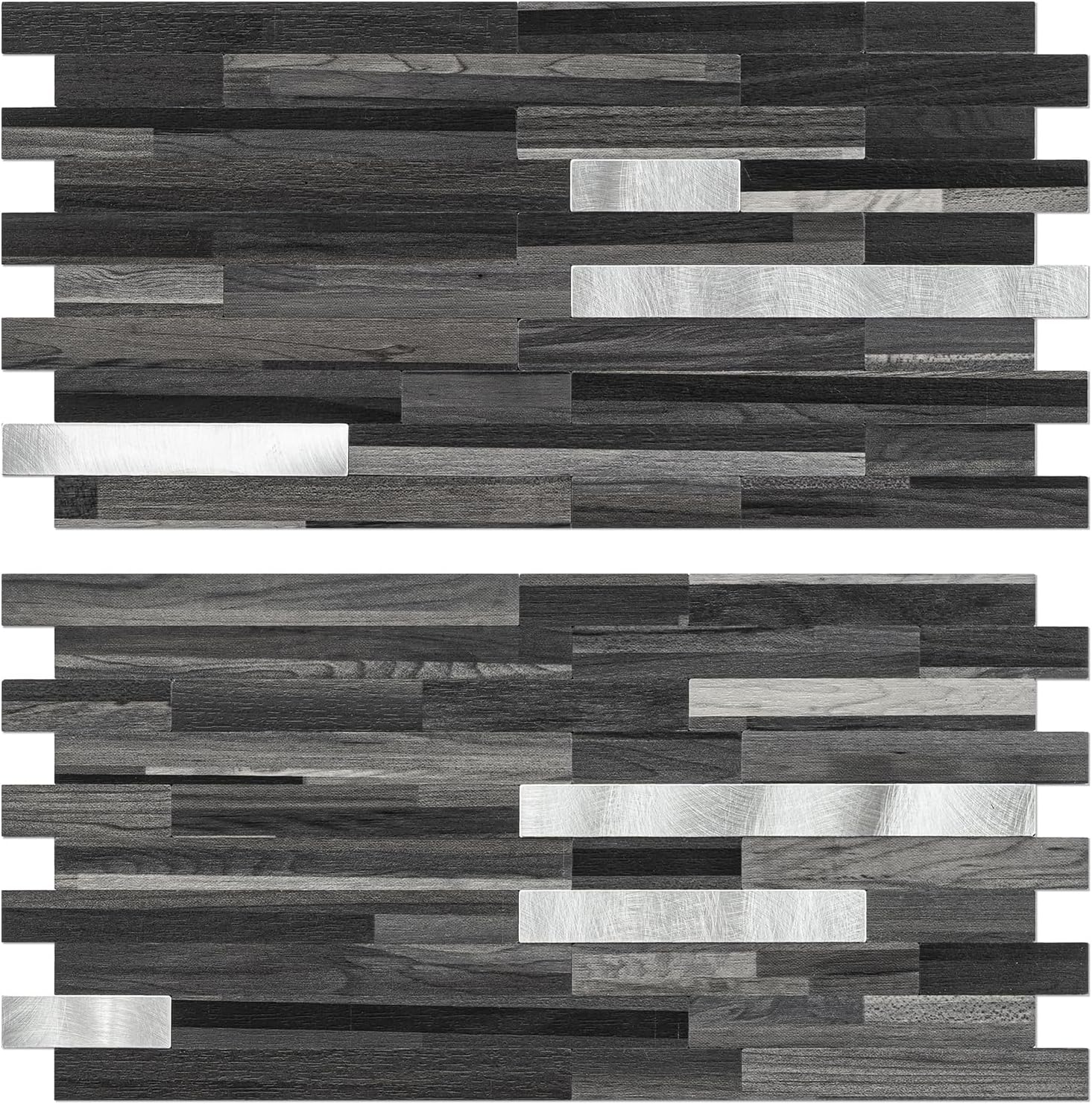 Black Mixed Silver Peel and Stick Modern Geometric PVC Kitchen Wall Backsplash, 20 Sheets, 9.4 sq ft Coverage