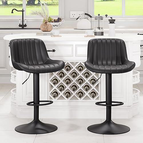 YOUNUOKE Juego de 2 taburetes de bar negros ajustables de altura de mostrador, modernos taburetes giratorios con respaldo, sillas de bar tapizadas