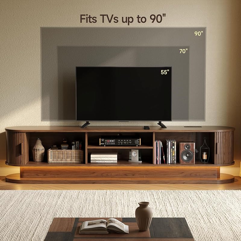 ONBRILL 83" TV Stand up to 90 Inch with LED Lights and Power Outlet, Walnut image 3