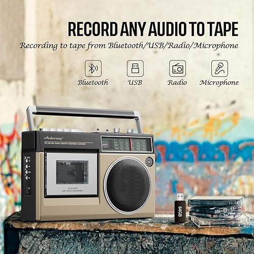 Miniatura 2 de Reproductor de cinta de casete portátil con radio estéreo AM FM SW, grabadora de casete Bluetooth con micrófono integrado, puerto USB, conector para