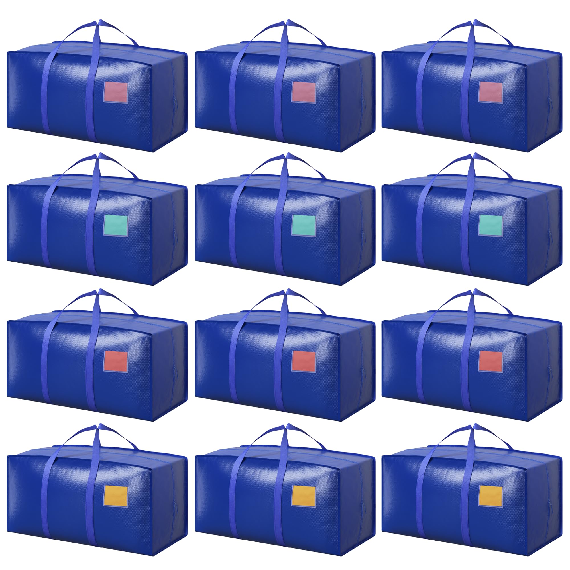 12 Pack Moving Bags with Full-Open Side Zipper, Extra Large 93L Heavy Duty Waterproof Foldable Storage Totes for College Dorm, Moving &amp; Home Organization Blue