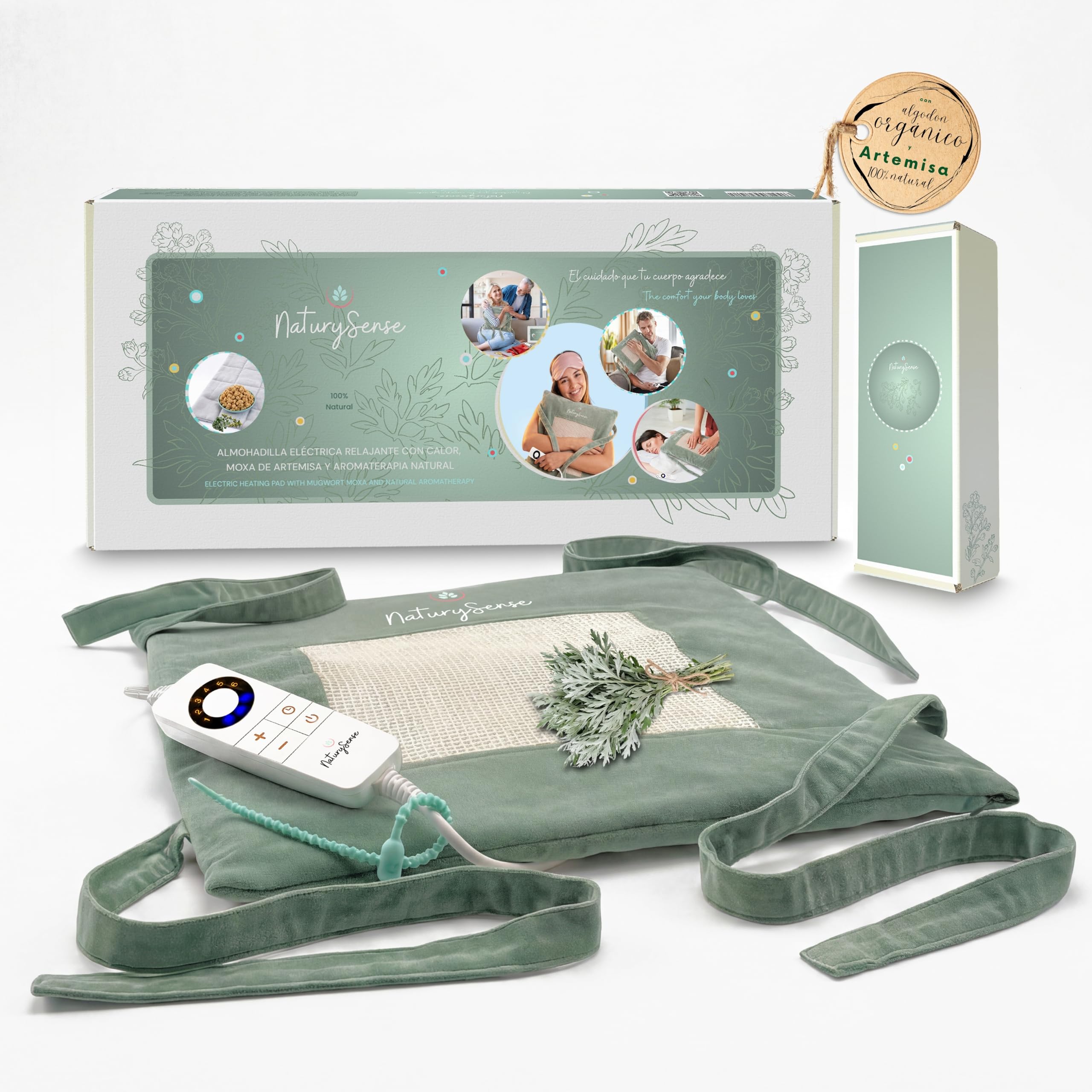Almohadilla Eléctrica Premium con moxa de Artemisa. Multizona | 42 x 42 cm, 6 niveles de calor,temporizador 30/60/90 min, algodón orgánico,4 bandas de sujeción,lumbar,espalda,cuello,abdomen