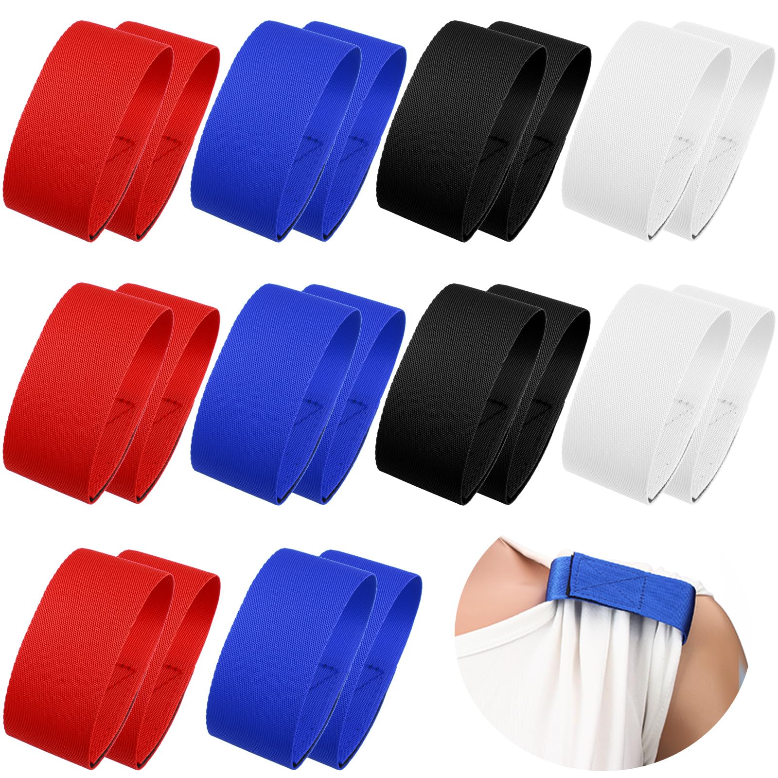12 Pairs Solid Color Sleeve Holders for Soccer, Softball, Baseball T-Shirts - Ties and Straps for Sports Activities (Black, Blue, Red, White)
