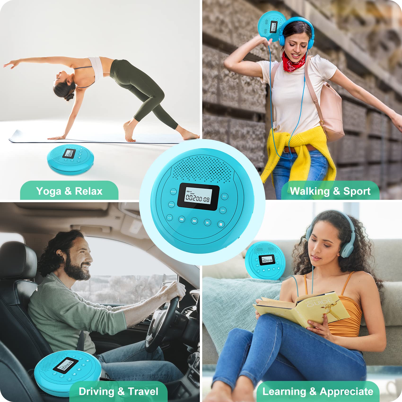Tragbarer Klein CD Player mit Lautsprecher für Auto Hörbücher Musikhören | Anti-Skip, 1400mAh Akku für 10 Stunden Spielzeit, Unterstützung der TF Card