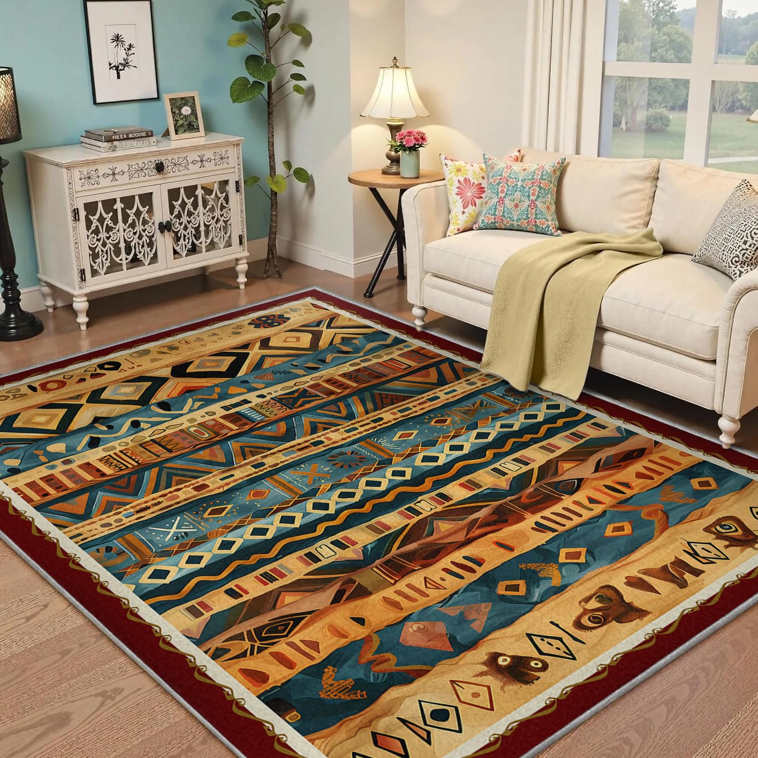 Dywaniki do salonu dywany 150 x 210 cm geometryczny vintage południowo-zachodni zmywalny cienki dywan do jadalni sypialni boho plemienny etniczny wewnętrzny dywan podłogowy
