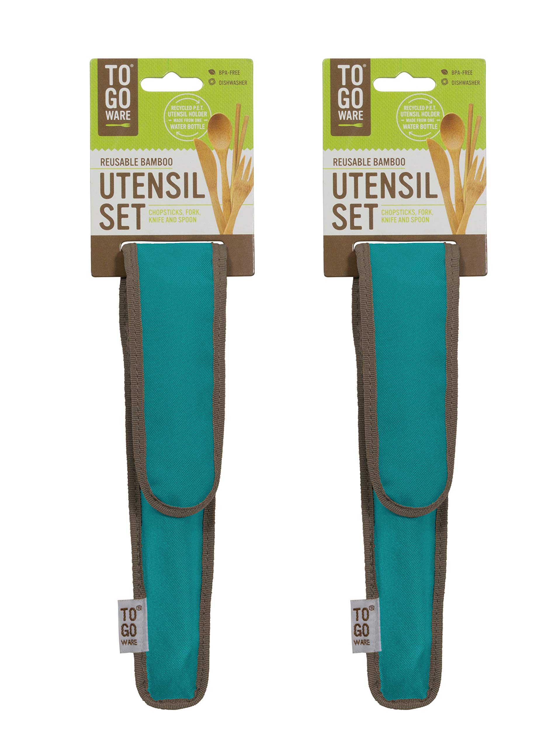 To Go Ware Reusable Bamboo Travel Utensils with rePETe Carrying Case & Carabiner Clip | Bamboo Utensils | Eco Friendly | Agave (Pack of 2)