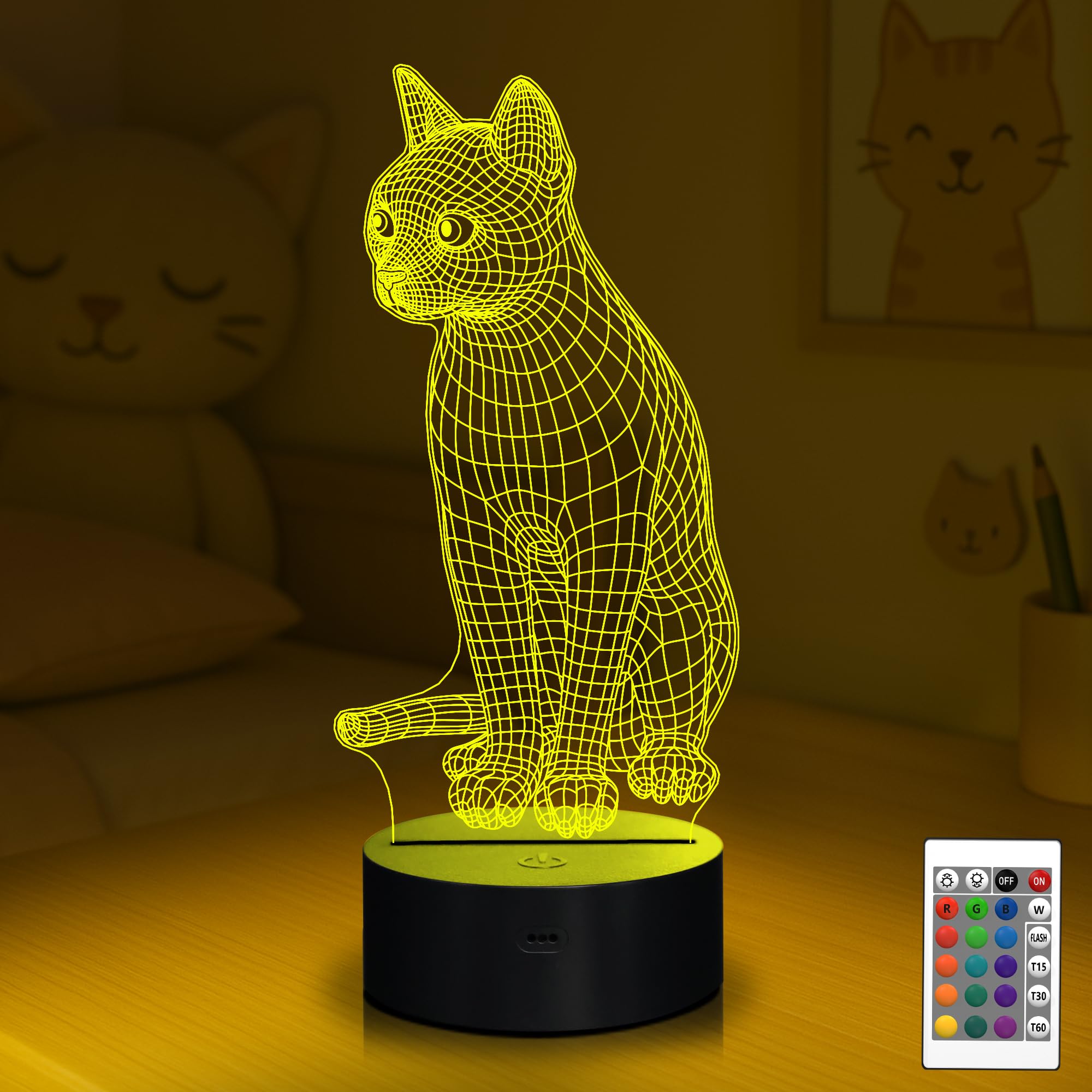CooPark Cat Night Light for Kids, 3D Bedside Kitty Illusion Night Lamp Light up LED Remote Control 16 Color Changing, Bedroom Decor Best Xmas Halloween Birthday Gift for Child Toddler Girl