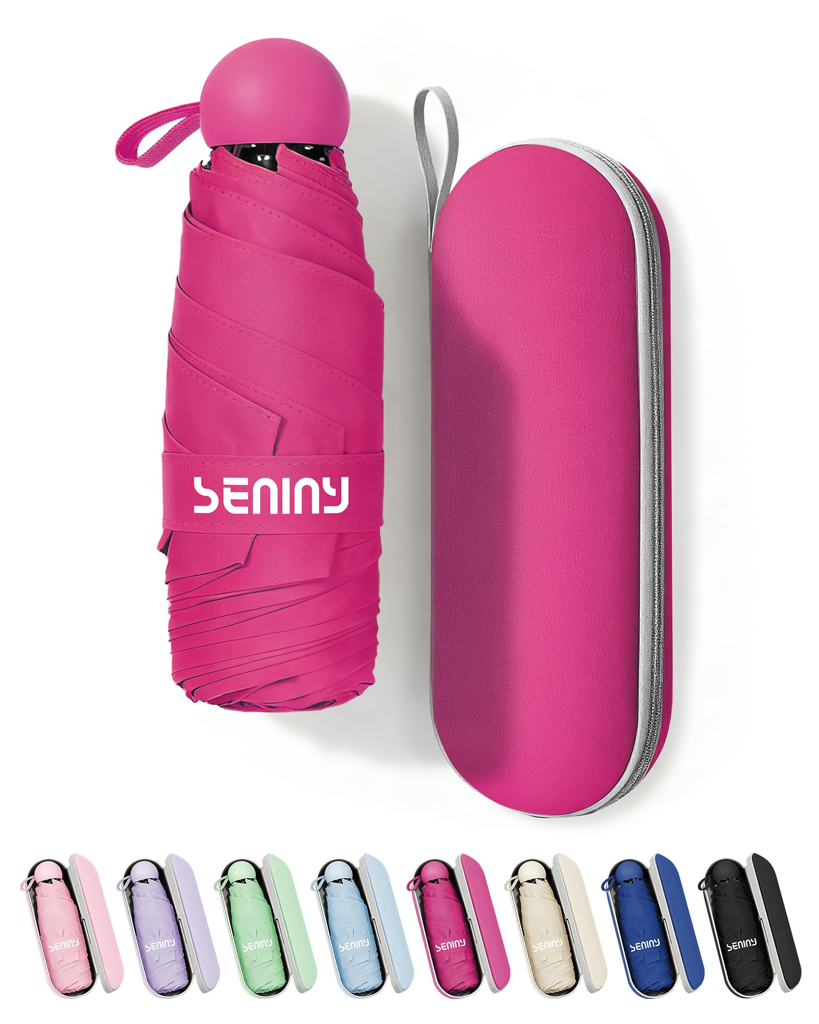 Seniny Mini Travel Umbrella with Case, Compact Pocket Size UV Sun & Rain Pink
