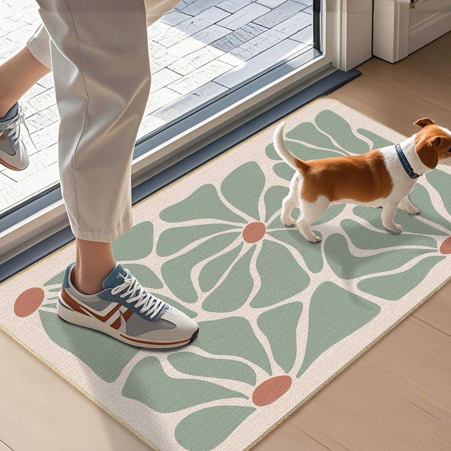 Boho Floral Door Mat, Abstract Mid Century Modern Sage Green Flower Welcome Doormat for Front Door Indoor Outdoor Entrance, Boho Floral Bath Mat for Bathroom, 17x30 Inches