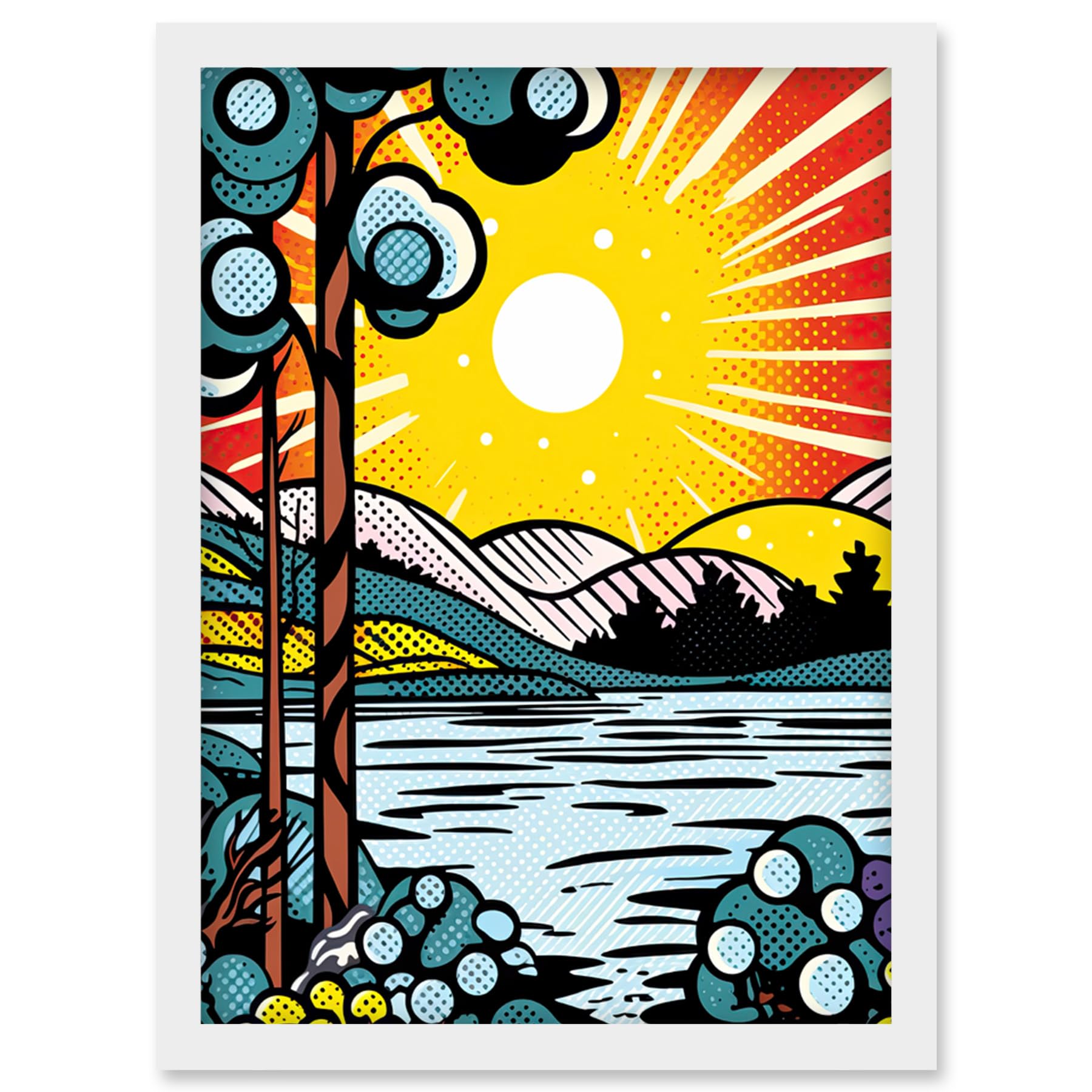 Artery8 Sunset Lakeside Landscape Comic Book Style Bubble Patterns Halftone Artwork Framed Wall Art Print A4