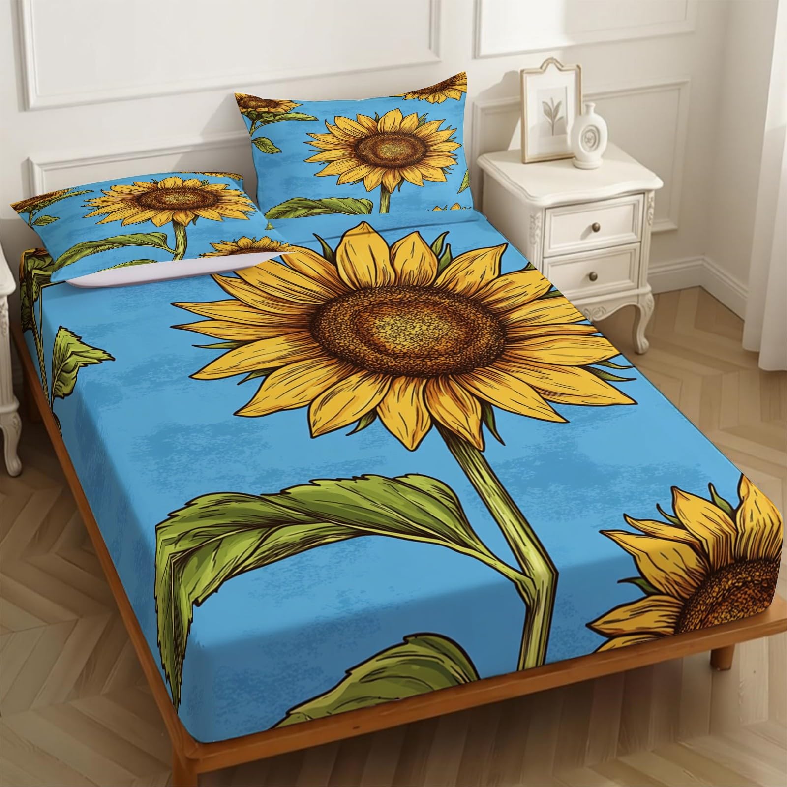 Lenzuolo con Angoli 180 x 200 cm Microfibra Girasoli dipinti a mano Lenzuolo Sotto Elasticizzato Profondo 25 cm giallo per Singolo e Matrimoniale