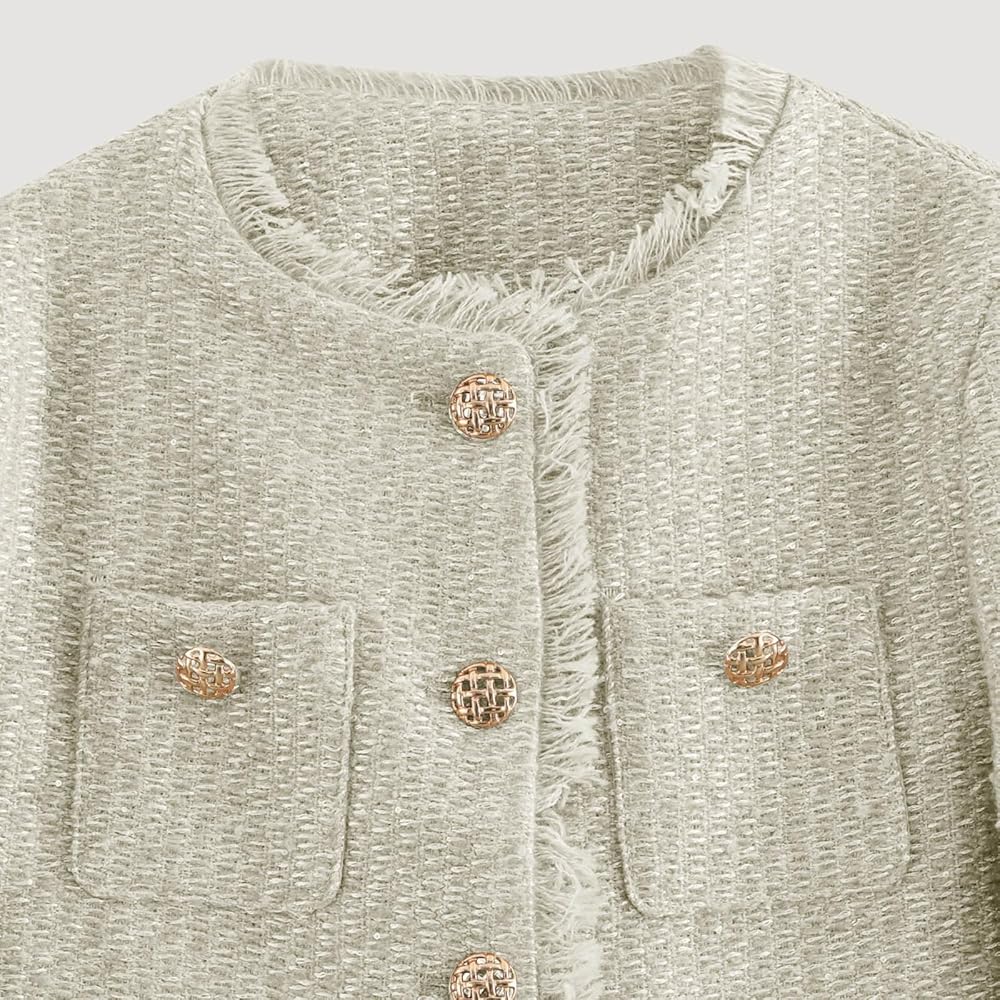 ジャケット・アウター Tweed Dot Button Collarless Jacket Amazon.com: Women Cropped Tweed Jacket Collarless Raw Hem