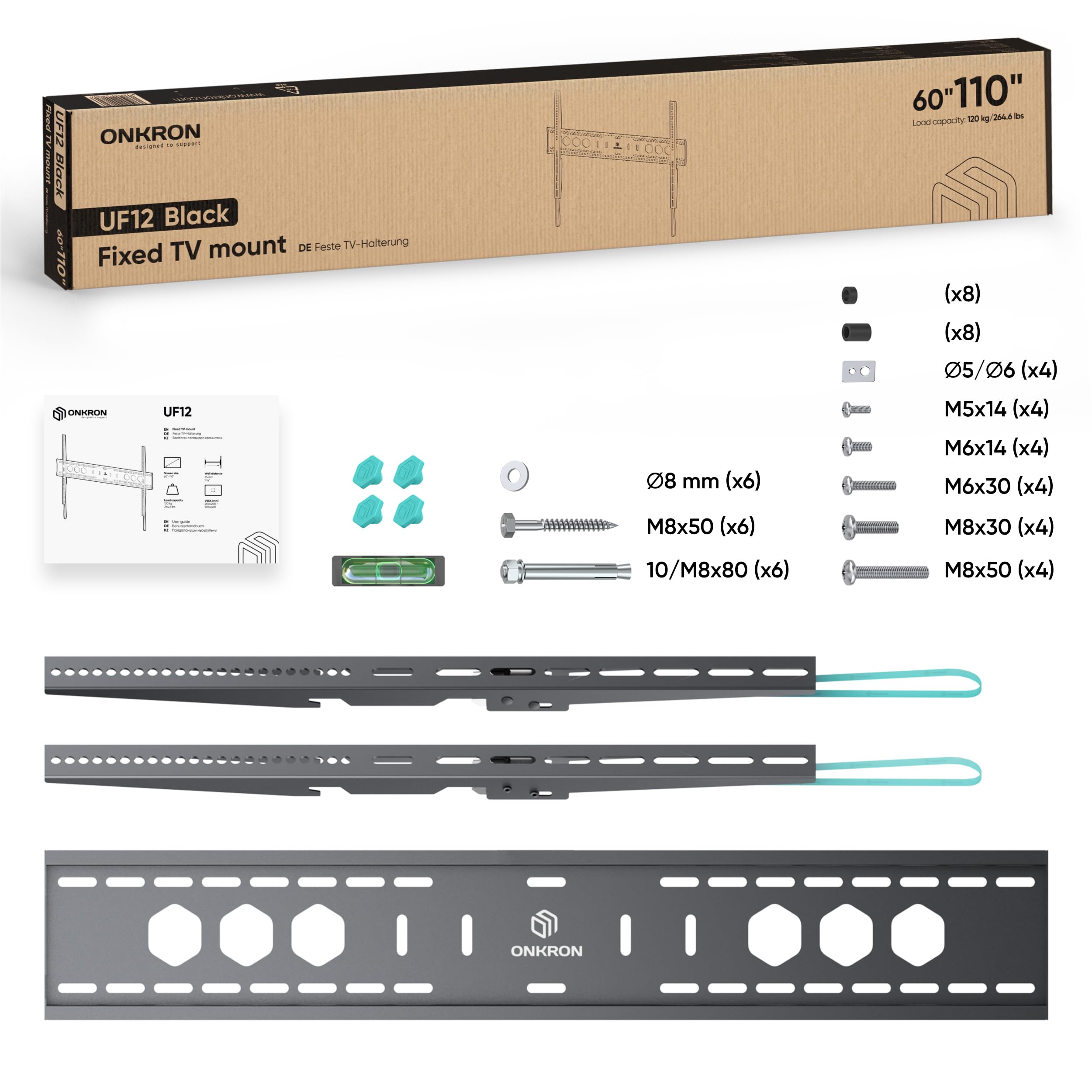 ONKRON Soporte TV Pared Fijo de 60 a 110 Pulgadas, Carga hasta 120 kg, Soporte Television Pared con VESA 200x200-900x600 mm, Brazo TV Fijado, Colgador para Pantalla Grande, Universal, Negro UF12-B