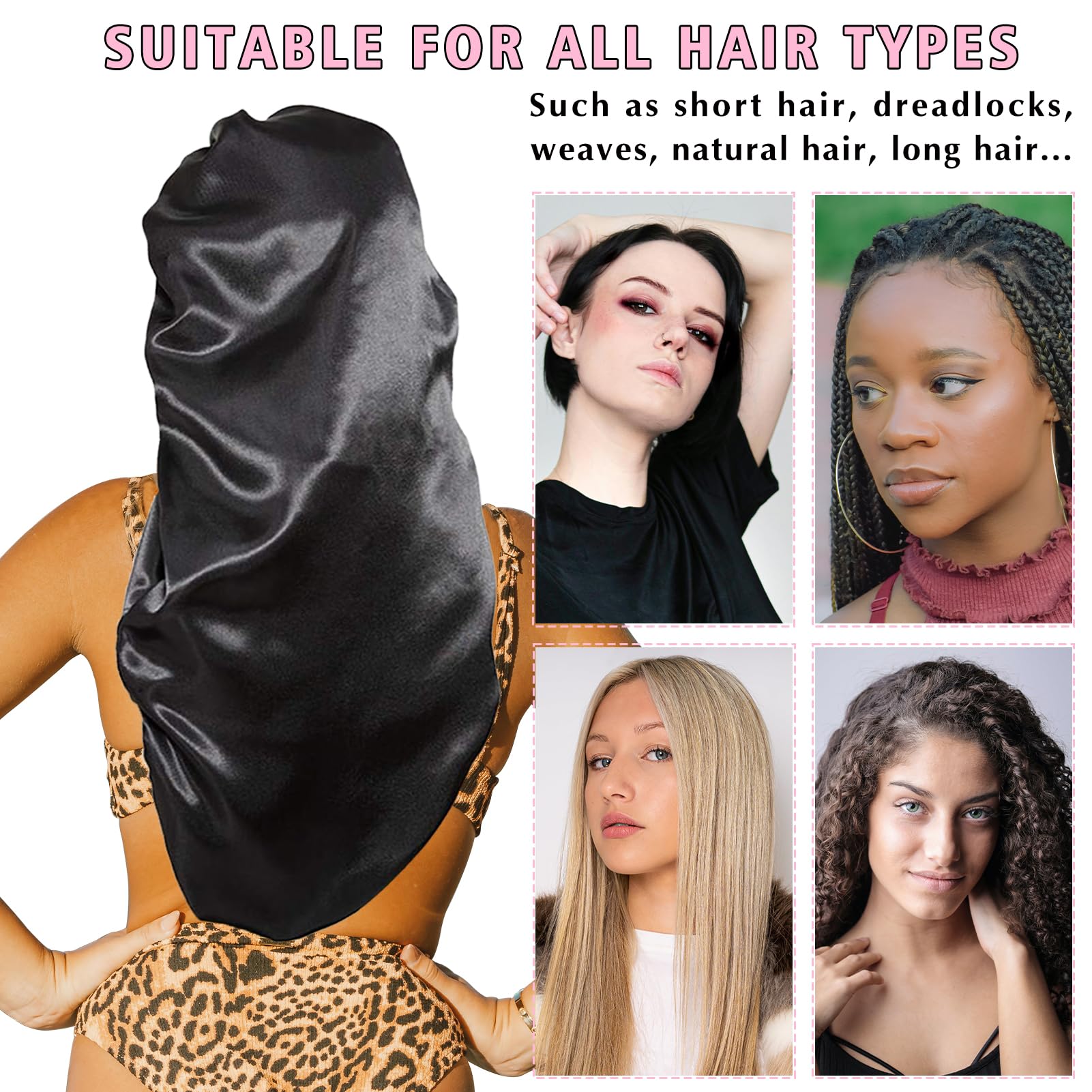 3 x Hauben für schwarze Frauen, große lange Satinhaube zum Schlafen, schwarze Seidenhaube mit dehnbarem Bindeband, Schlafhaube für langes lockiges Haar (Schwarz & Rosa & Leopard), Schwarz, Rosa und