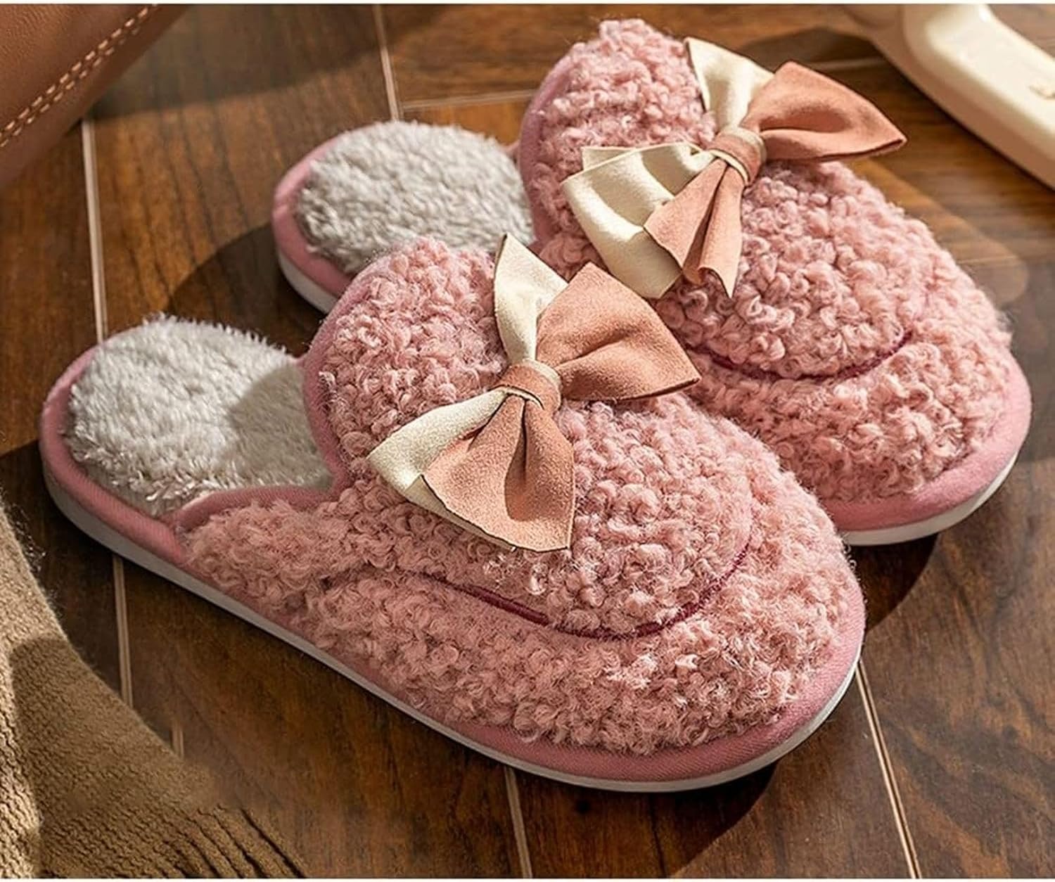 [Yaloee] 冬用サンダル リポン付き 防寒 ルームシューズ レディース 可愛い スリッパ 冬用 暖かい もこもこ 滑り止め ル