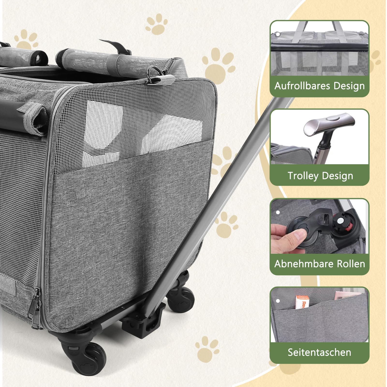 Trasportino per gatti con ruote, pieghevole, grande, per il trasporto di gatti, rimovibile, con scomparti, per 2 gatti, stile tenda ventilato
