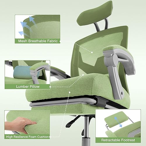 Miniatura 4 de Silla de oficina ergonómica de malla con almohada de apoyo lumbar y reposapiés retráctil, diseño de respaldo alto transpirable, silla reclinable