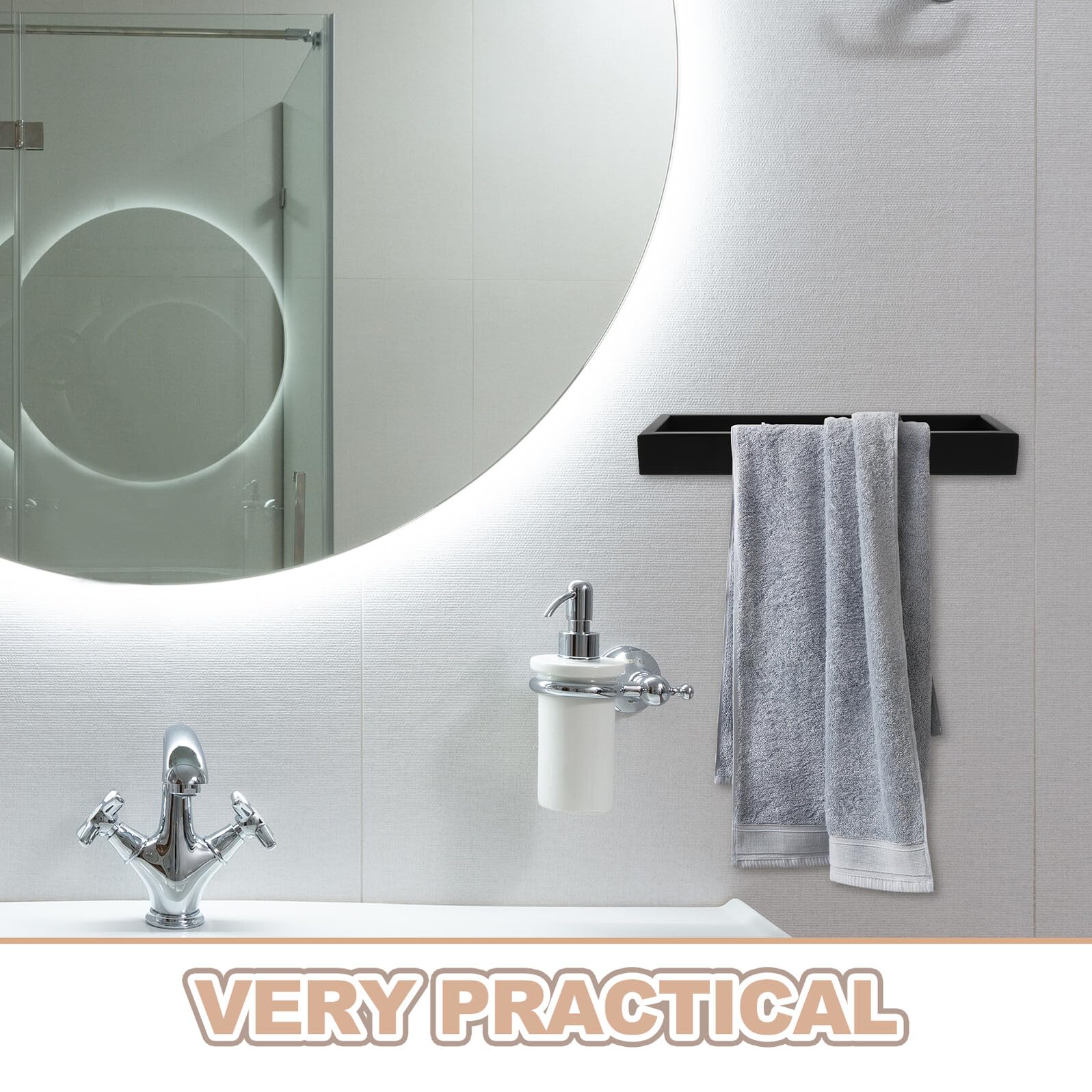 Toallero de Pared para Baño de Acero Inoxidable 260X75X30 MM Aro Rectangular Negro Soporte Resistente y Antióxido para Toallas y Ducha Diseño Moderno y Funcional