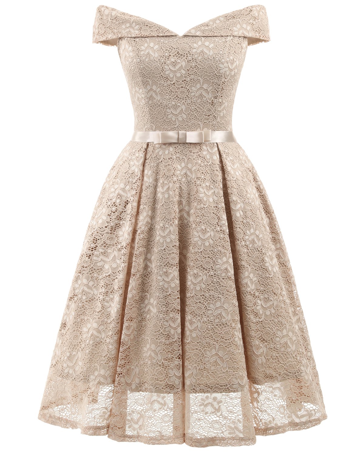 Womens Lace Bridesmaid V Neck Formal Wedding Party Cocktail Midi Dress Beige X-Large