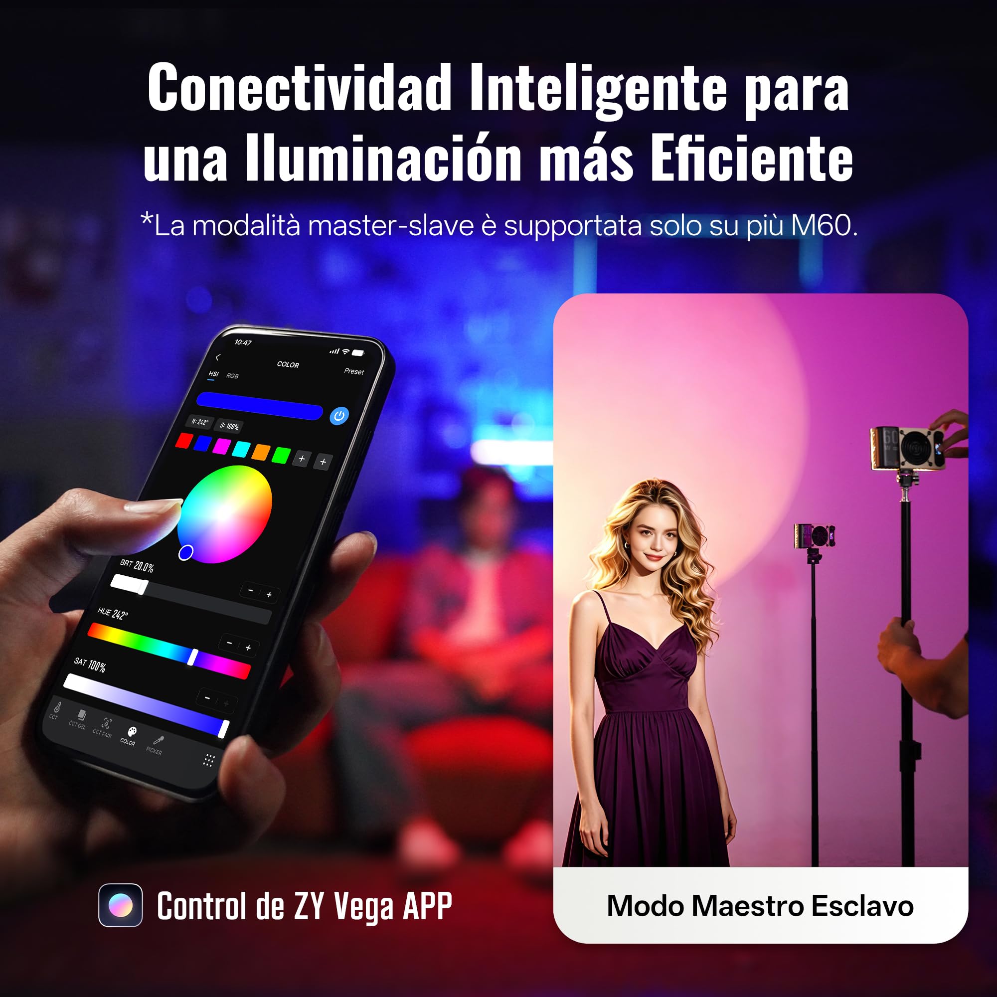 ZHIYUN FIVERAY M60 Ultra 60W RGB Luz de Video [Oficial] Luz Portátil para Cámara con Zapata Fría, Montaje Magnético, App Control &Amo-Esclavo, 2500K~10000K, Luz de Fotografía para Youtube Volg, 430g
