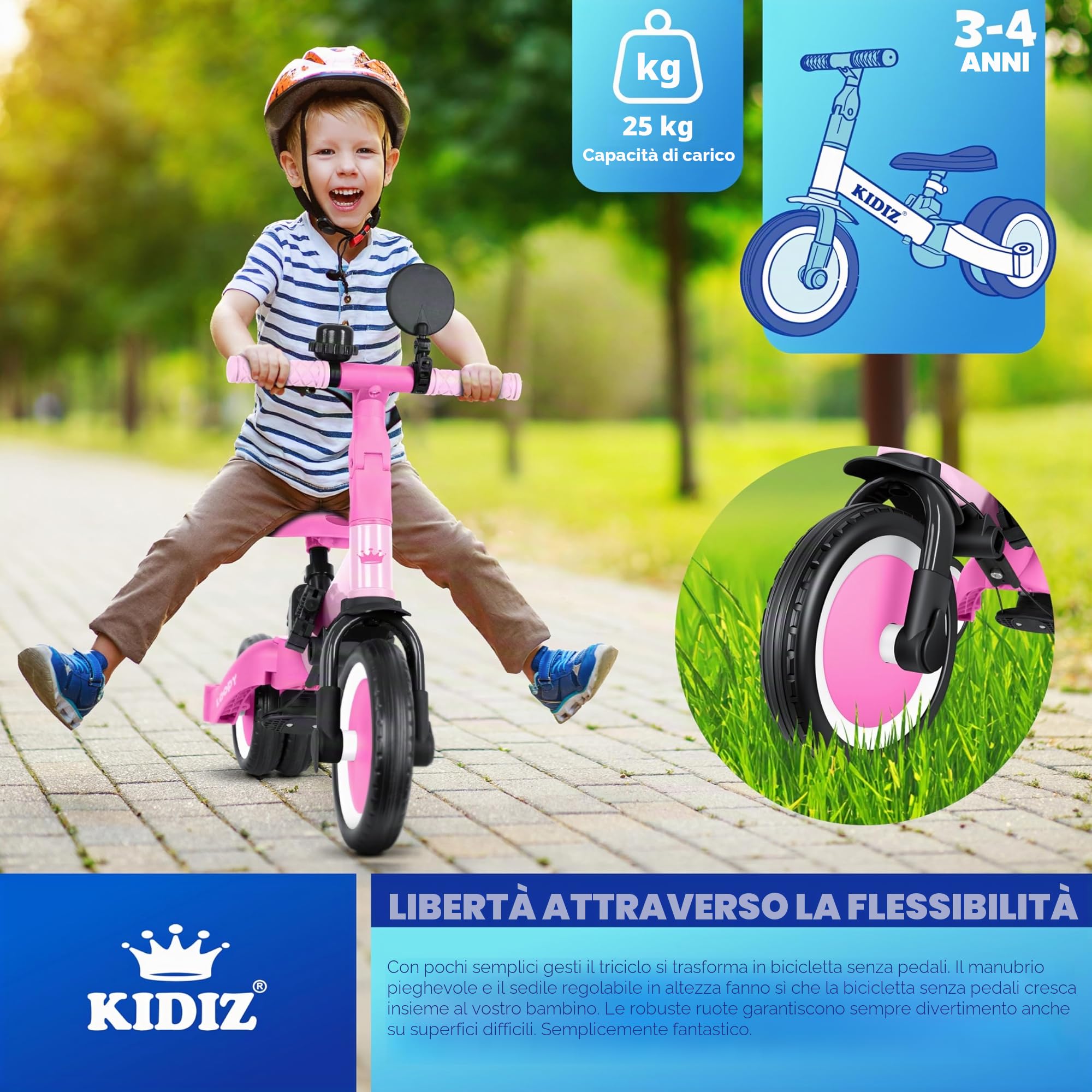 KIDIZ® 6in1 Balance Bike - Triciclo, Triciclo per Bambini, da 1 a 5 anni, capacità di carico fino a 25 kg, incl. Manubrio/Barra di sicurezza/Cintura di sicurezza/Campana e Specchio, Rosa