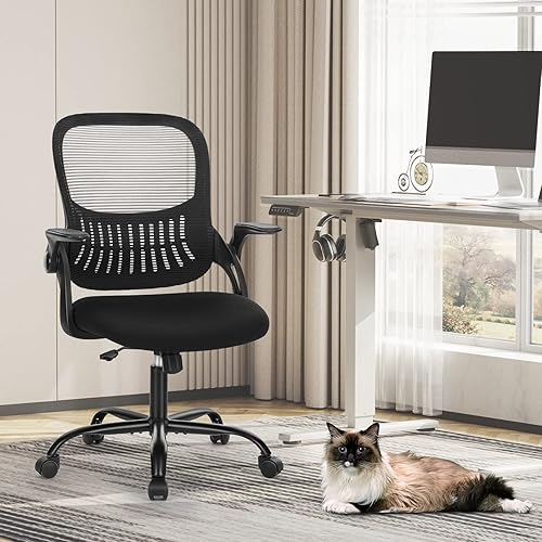 Miniatura 9 de SMUG Silla de escritorio para computadora de oficina, ergonómica, de malla con respaldo medio, giratoria, con ruedas, cómodo soporte lumbar, cómodos