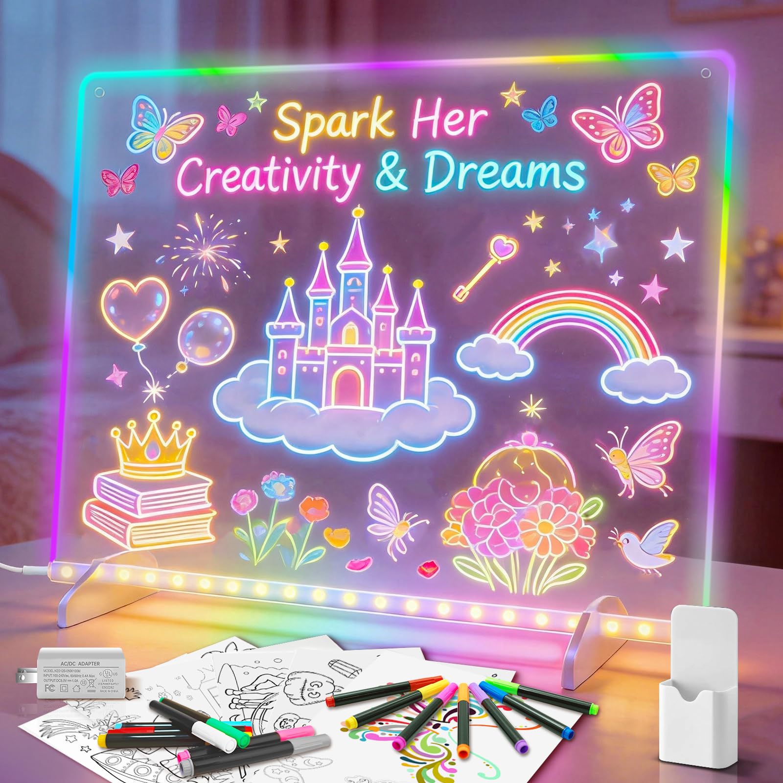 Led Drawing Board with 8 Colors, 13"x10" Acrylic Message Boards with 13 Light Effects, Glow Doodle Board Gifts for Kids for Easter Halloween Christmas Birthday Gifts Presents, 14 Pens