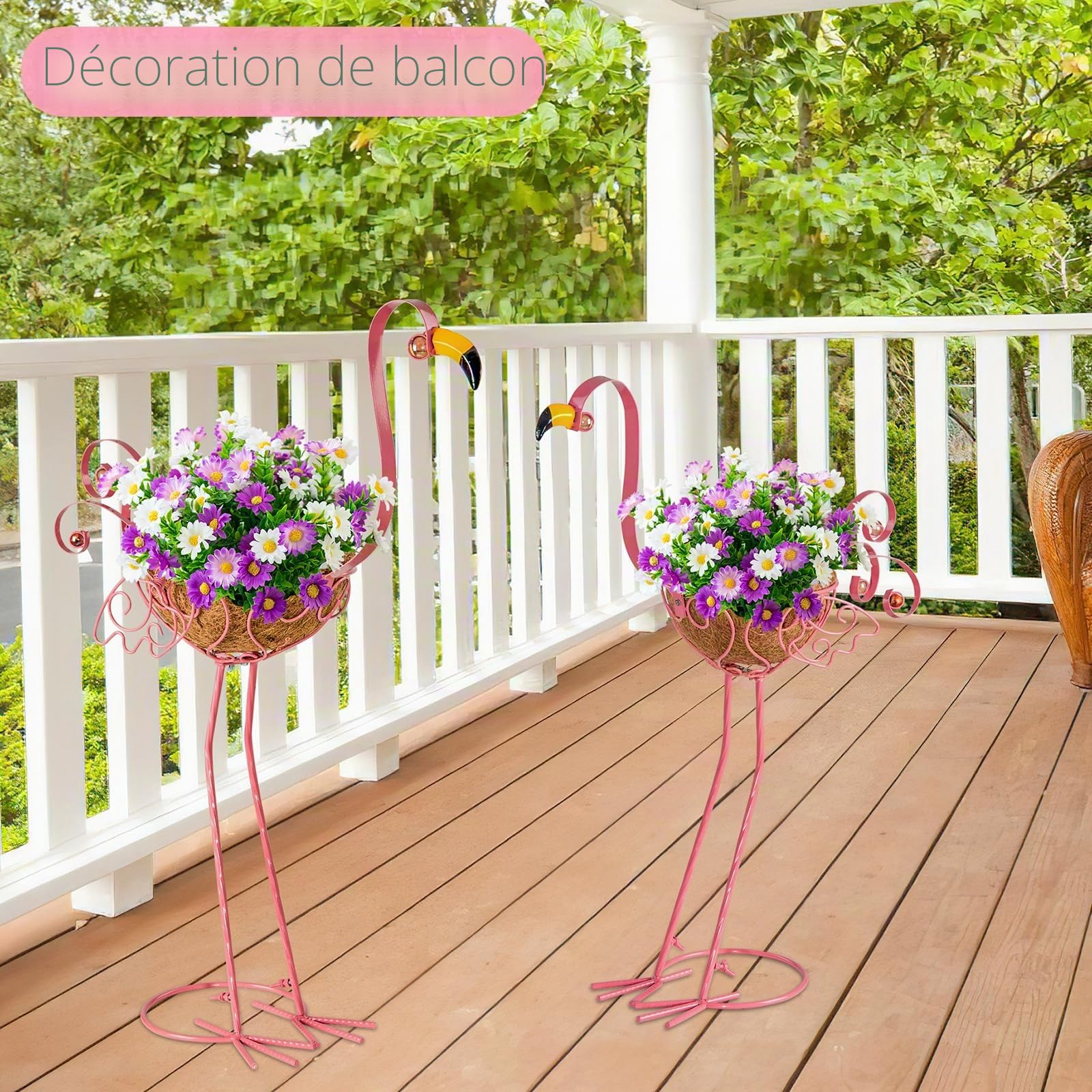 Pots à fleurs en métal en forme de flamant rose, lot de 2 pots de plantes avec panier pour jardinage intérieur/extérieur, décoration de jardin, cour, terrasse, véranda