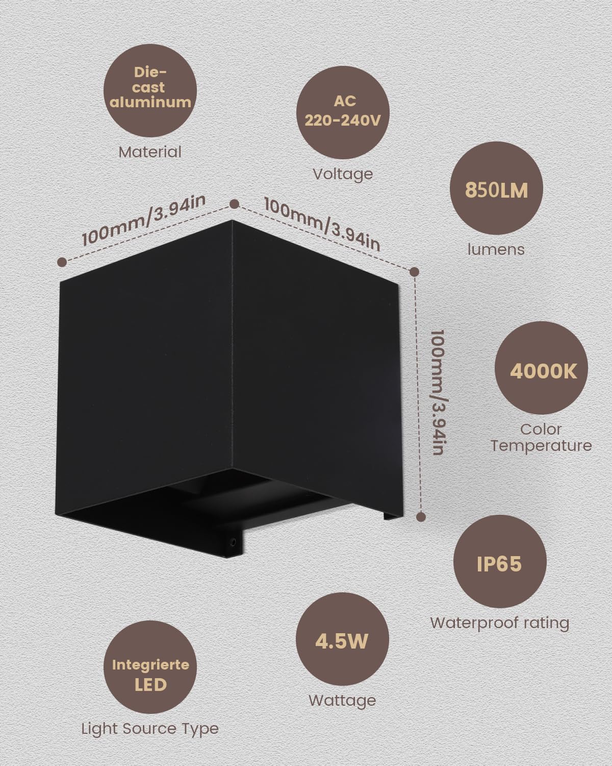 MULANDI 4.5W Applique da Parete interno Esterno 850LM 4000K Aplique LED Integrado Exterior/Interior Pared, Aluminio Negro IP65 Fascio Luminoso Regolabile 180°, para Jardín, Terraza y Entrada