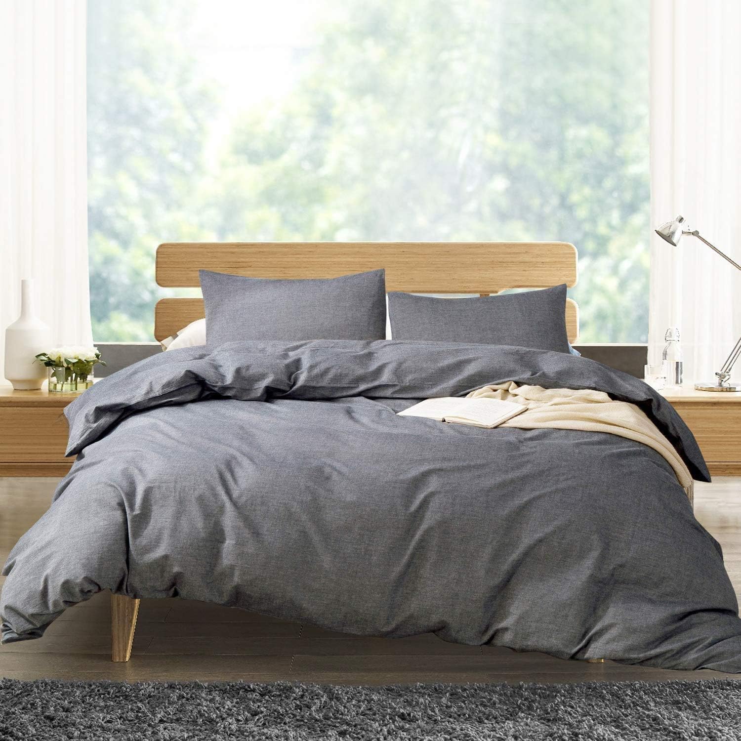 ATsense Duvet Cover California King, 100% Washed Cotton Linen Feel Super Soft Comfortable, 3-Piece Dark Grey Duvet Cover Bedding Set, Durable and Easy Care, Simple Style Farmhouse Comforter Cover