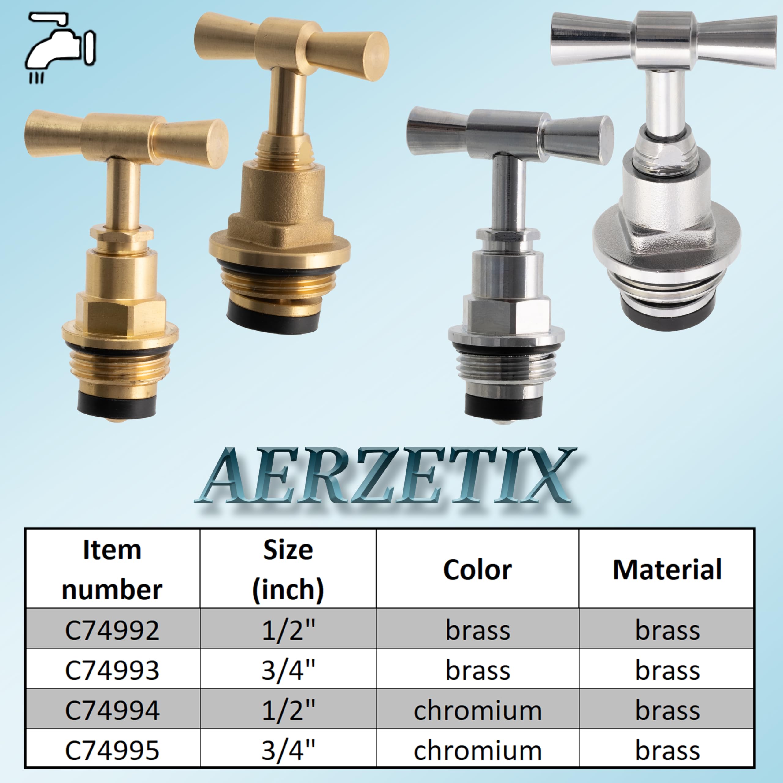 AERZETIX - C74994 - Testa del rubinetto di alimentazione 1/2" - in ottone - finitura cromata - idraulica fornitura acqua perdita rubinetteria lavandino costruzione riparazione