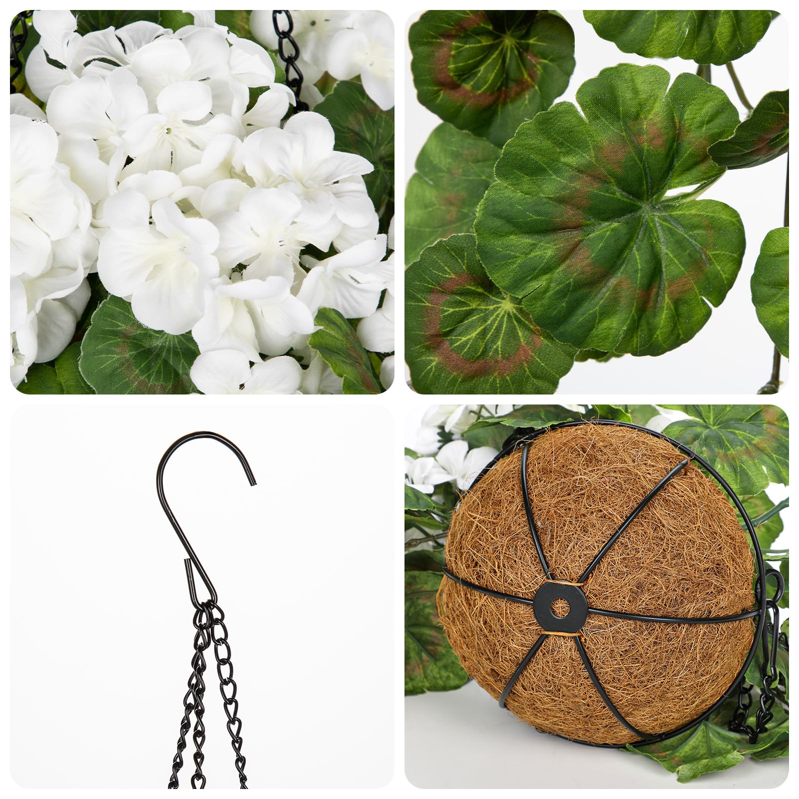 Arborus Artificial Hanging Baskets Artificial Flowers Geranium in Basket Fake Hanging Baskets Flowers Artificial Hanging White Flowers Faux Front Door Plants for Indoors Home Balcony Cafes - Image 3
