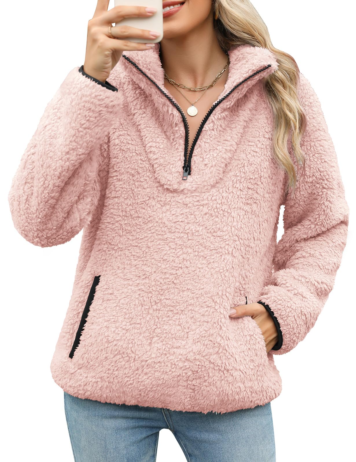 Tuopuda Sudaderas sin Capucha con Cremallera Mujer Jersey de Forro Polar Suelto Sólido Manga Larga Suéter con Bolsillos Sudadera Caliente y Esponjoso Chaquetas Tops Otoño Invierno