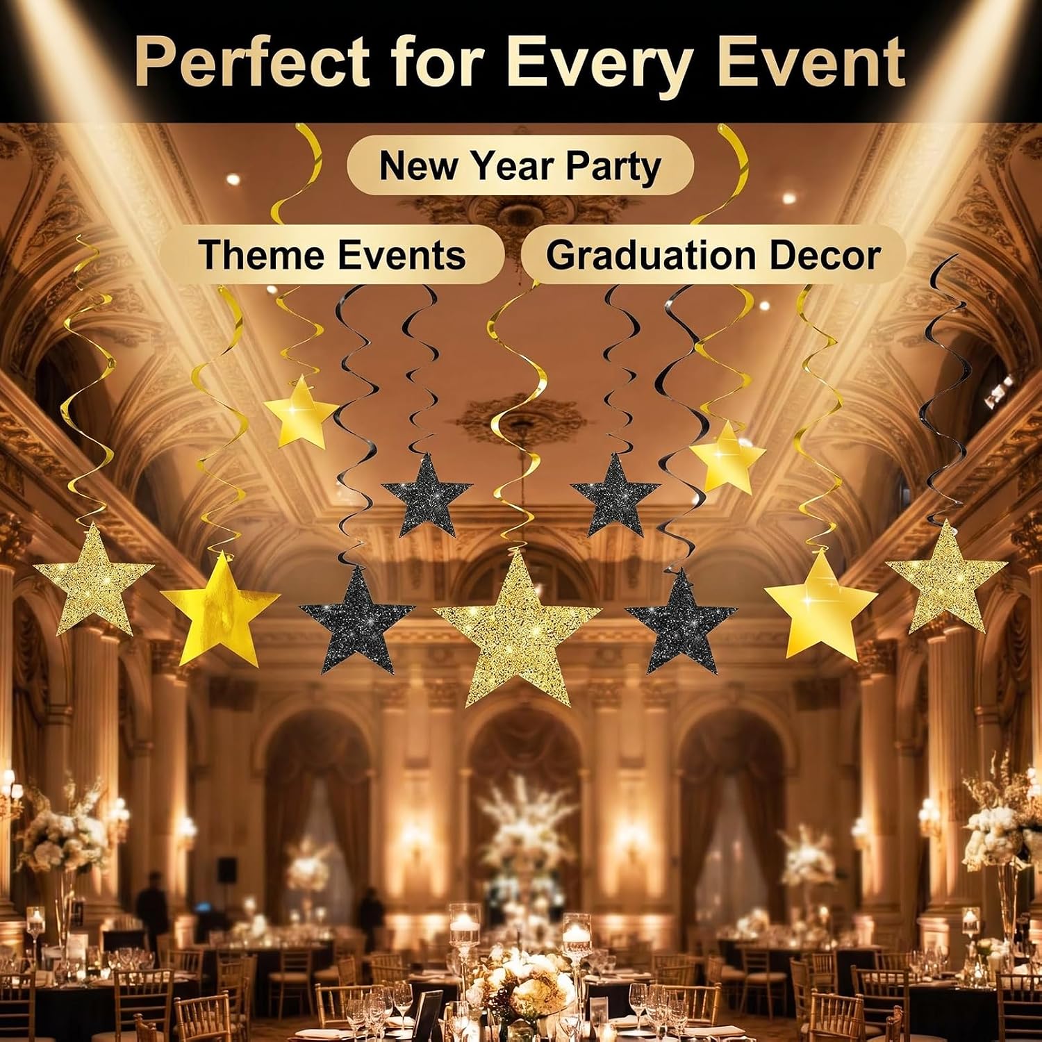 Black Gold Glitter Star Hanging Swirls PRE-ASSEMBLED/Hanging Star Swirls for Black Gold Graduation Decorations/Star Ceiling Decorations for Birthday/New Year Eve/Black Gold Graduation Party Decor