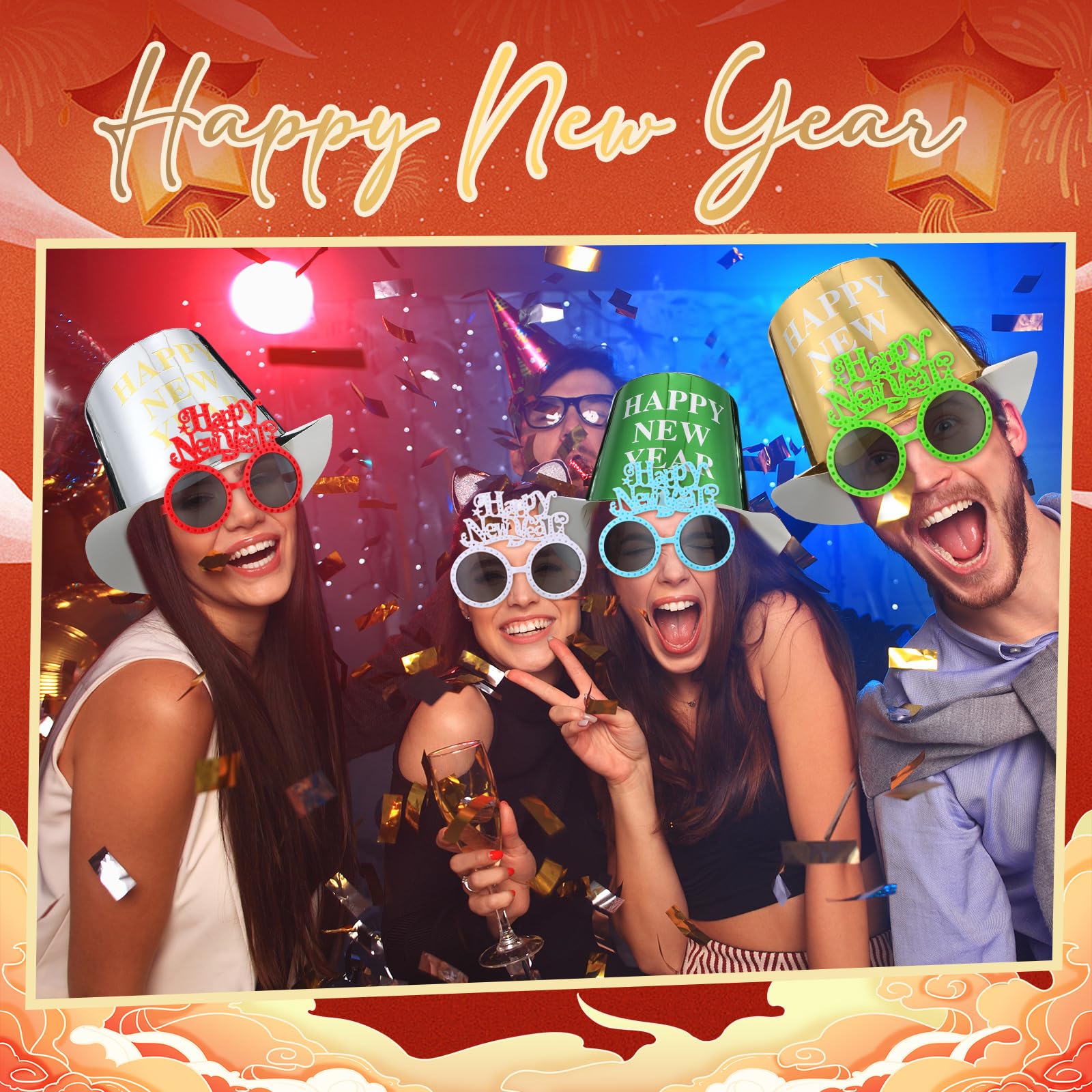 Hungdao 108-teiliges Partyzubehör mit Aufschrift "Happy Year", 36 Partyhüte, 36 bunte Gläser, 36 bunte Gebläse, Geräuschmacher für den Jahresabend, Party-Dekorationszubehör