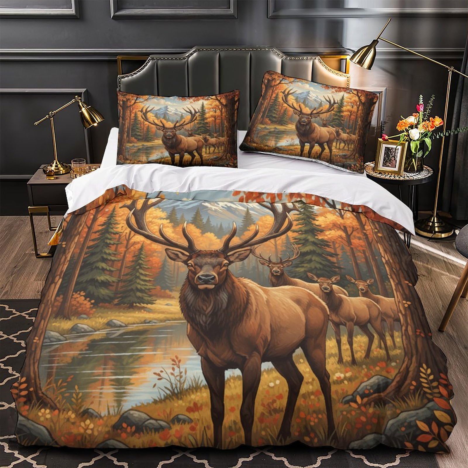 Parure de lit cerf d'automne housse de couette microfibre 3D 135x200cm pour lit simple